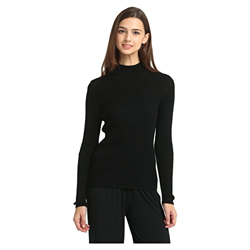 Jasmine Silk Damen Seiden-Rippenpullover mit rundem Rollkragen, Schwarz für Frauen Gr. M, Schwarz von Jasmine Silk