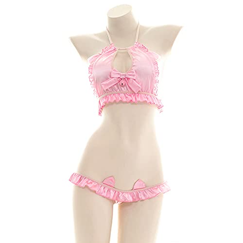 JasmyGirls Anime Dessous Sexy Katze Cosplay Dessous Kawaii Hollow Out BH und Höschen Lolita Bikini Unterwäsche Pink Neckholder Top von JasmyGirls