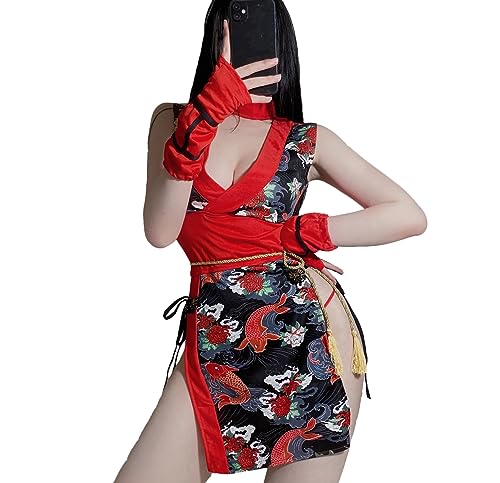 JasmyGirls Cosplay Dessous Sexy Ninja Kostüm Halloween Anime Dienstmädchen Outfit Japanische Hexe Schlitzkleid Strampler Rollenspiel Set von JasmyGirls