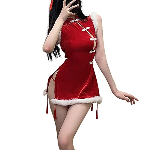 JasmyGirls Damen Sexy Weihnachten Cosplay Dessous Kawaii Cheongsam Kostüm Mini Kleid Anime Santa Maid Outfit Rot Babydoll Nachthemd von JasmyGirls