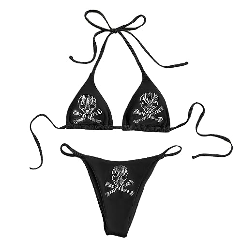 JasmyGirls Gothic Badeanzüge für Frauen Y2k Kleidung Gothic Badeanzug Sexy Skull Triangle Tanga Bikini 2 Stück Strass Rave Sets von JasmyGirls