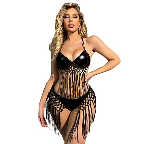 JasmyGirls Leder Micro Bikini Extrem Sexy Cowgirl Cosplay Dessous Freches Hippie Rave Outfit Fransen BH Panty Set Tanga Badeanzug von JasmyGirls