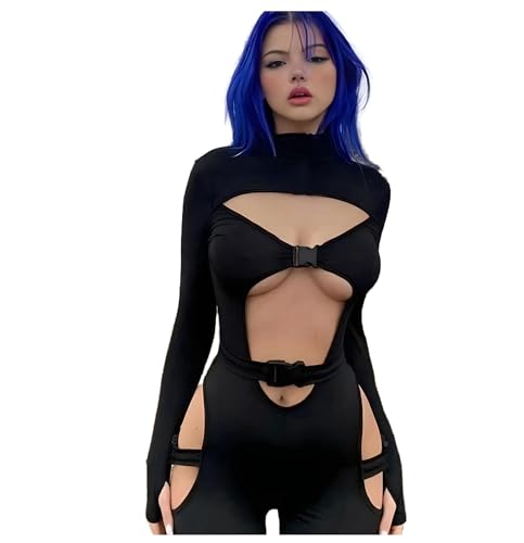 JasmyGirls Rave Bodysuit Damen Edc Outfits Langarm Body Suit Shorts Schnalle Bodycon Romper Festival One Piece Cutout Jumpsuit von JasmyGirls