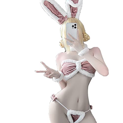 JasmyGirls Sexy Bunny Cosplay Dessous Naughty Maid Kostüm Kawaii Anime Micro Bikini Babydoll Outfit Pelzigen Samt BH Panty Set von JasmyGirls