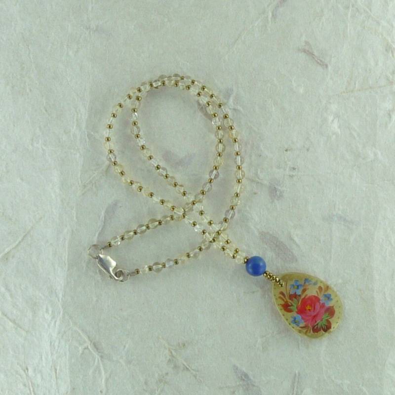 Floral Bemalter Perlmutt Anhänger Mit Natürlichem Citrin & Lapis Lazuli Halskette Floral Bemalter Perlmutt Anhänger Mit Natürlichem Citrin & Lapis Lazuli Halskette von JaspersJewels