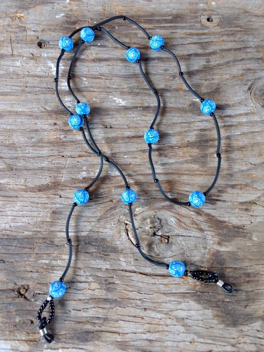 Sale Blau & Schwarz, Fimo Polymer Clay Und Glasperlen Brillen Kette Sale Blau & Schwarz, Fimo Polymer Clay Und Glasperlen Brillen Kette von JaspersJewels
