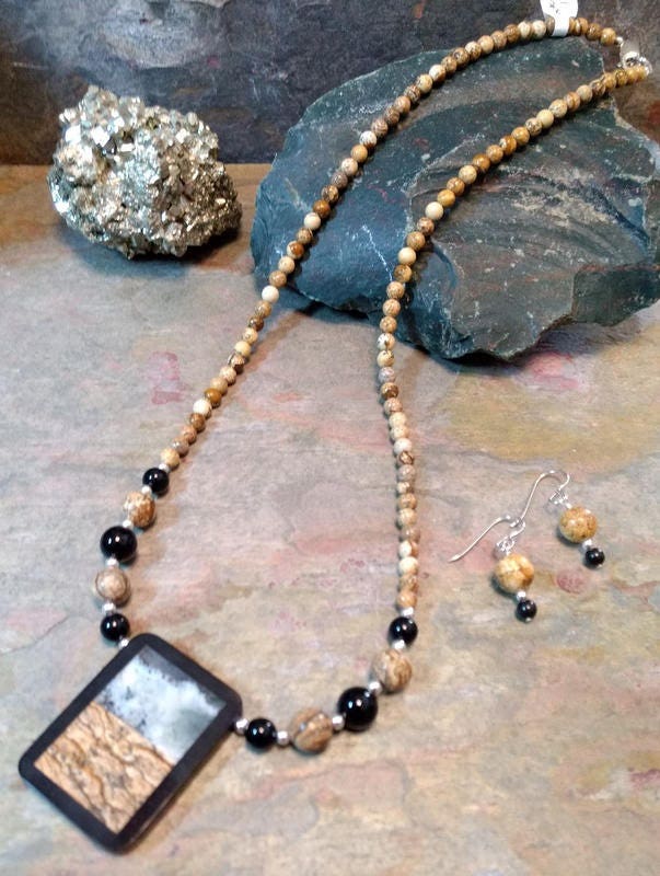 Set Bergkristall, Bergkristall & Onyx, Sterling Silber Ohrring Set von JaspersJewels