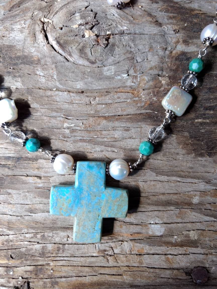 Set Turquoise Pearl & Rock Quartz Natürliche Edelstein Sterling Silber Halskette Mit Ohrring Set Set Turquoise Pearl & Rock Quartz Natürliche Edelstein Sterling Silber Halskette Mit Ohrring Set von JaspersJewels