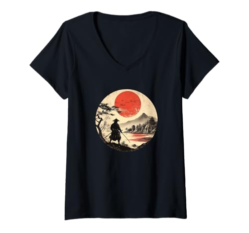 Damen Japanischer Fuji Sakura und Samurai in Einer japanischen Landschaft T-Shirt mit V-Ausschnitt Damen Japanischer Fuji Sakura und Samurai in Einer japanischen Landschaft T-Shirt mit V-Ausschnitt von Jassimino