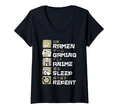Damen Ramen Gaming Anime Sleep Repeat Funny Anime Gamer T-Shirt mit V-Ausschnitt Damen Ramen Gaming Anime Sleep Repeat Funny Anime Gamer T-Shirt mit V-Ausschnitt von Jassimino