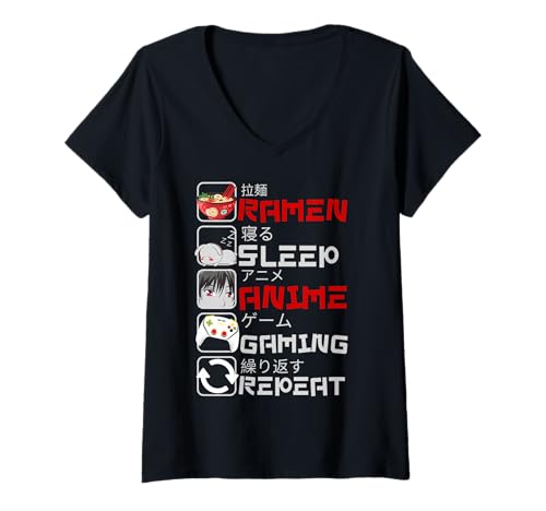 Damen Ramen Sleep Anime Gaming Repeat-Lustiger Anime-Spieler T-Shirt mit V-Ausschnitt Damen Ramen Sleep Anime Gaming Repeat-Lustiger Anime-Spieler T-Shirt mit V-Ausschnitt von Jassimino