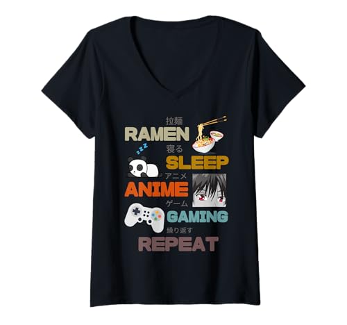 Damen Ramen Sleep Anime Gaming Repeat-Lustiger Anime-Spieler T-Shirt mit V-Ausschnitt Damen Ramen Sleep Anime Gaming Repeat-Lustiger Anime-Spieler T-Shirt mit V-Ausschnitt von Jassimino