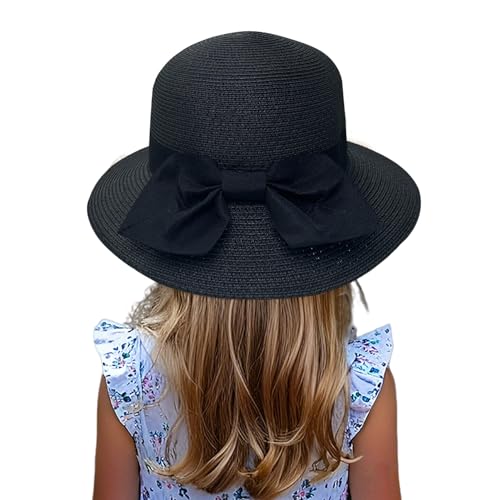 Jastore Sonnenhut für kleine Kinder, Mädchen, Jungen, Stroh, breite Krempe, Schleife, Schlapphut, Strandhut, Schwarz, 5-9 Jahre von Jastore