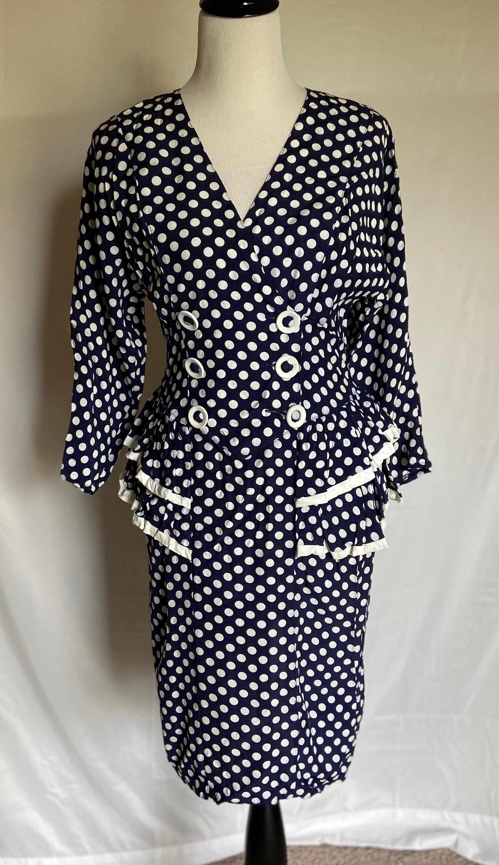 Vintage Style Polka Dot Kleid, 50Er Jahre Stil Navy Blaue Dots, Sailor Vintage, Blaues Johnathan Martin Kleid von JattengVintage