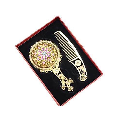 Vintage Metall Handspiegel Kamm-Set,Tragbare Eitelkeit Spiegel Kamm Set,Vintage Make-Up Spiegel mit Kamm,Antiken Kosmetikspiegel Haarbürste Reise Make-Up Tools Geschenk für Frauen Mädchen (Gold) von Jauhmui