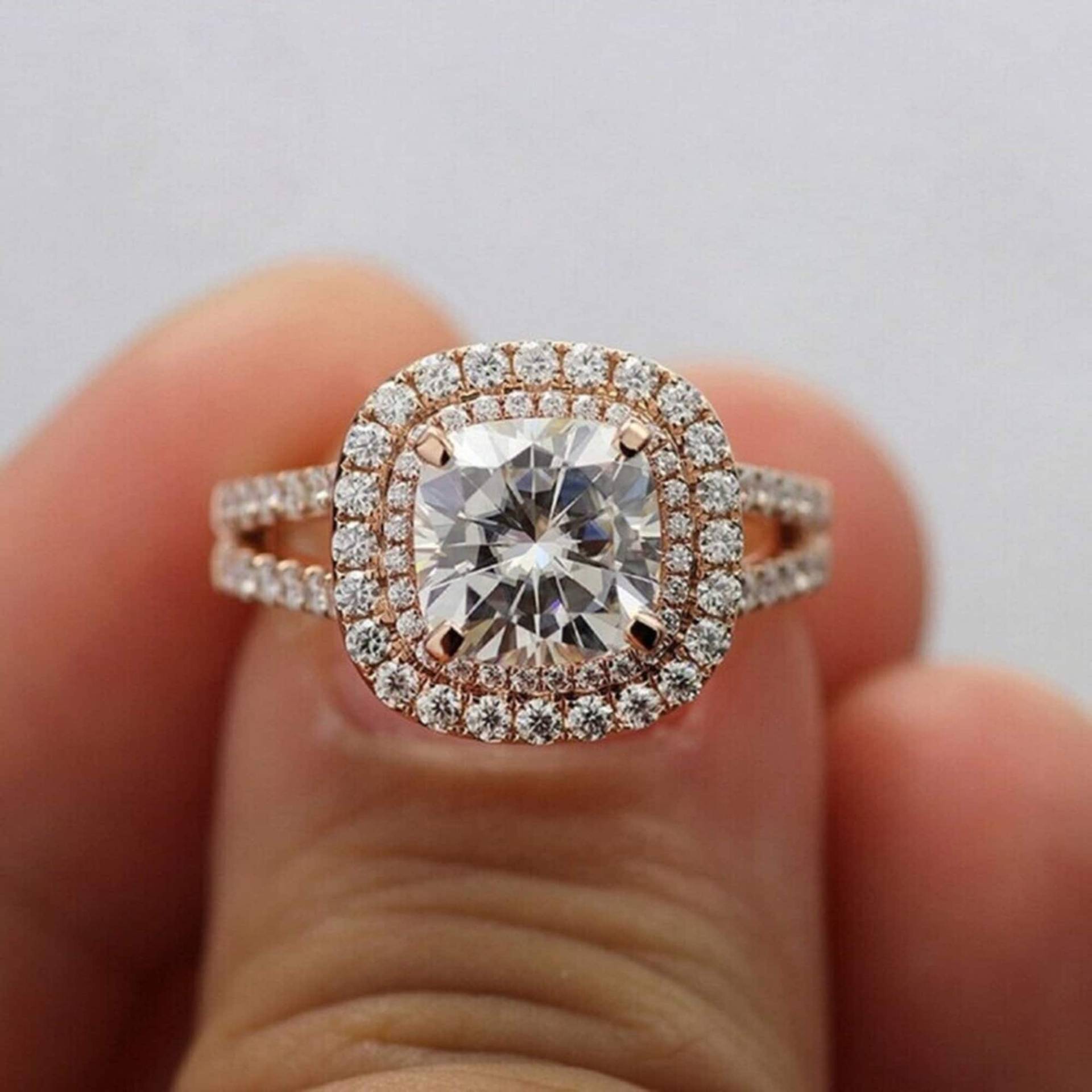 14K Rose Gold Moissanite Verlobungsring, Doppel Halo Mit Ewigkeit Ehering, Rundschnitt Jubiläumsring, Versprechen Ring, Jahrestagsgeschenk von JaviJewel