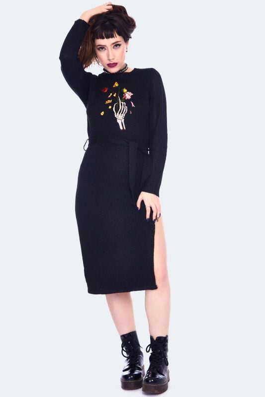 Jawbreaker - Gothic Kleid knielang - Dead Flowers Embroidered Knitted Midi Dress - XS bis S - für Damen - Größe S - schwarz von Jawbreaker