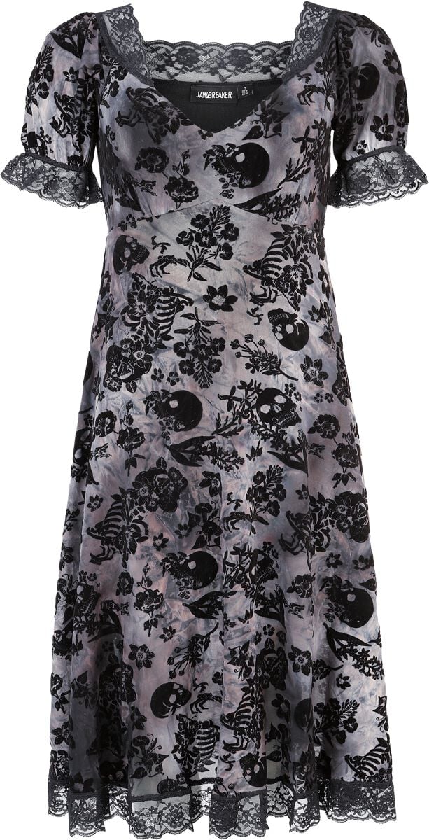Jawbreaker - Gothic Kleid knielang - Flocked Skull Lace Trim Midi Dress - XS bis 4XL - für Damen - Größe S - schwarz/grau von Jawbreaker