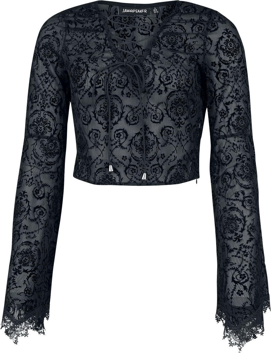 Jawbreaker - Rockabilly Langarmshirt - Bell Sleeve Devore Lace Up Top - XS bis XXL - für Damen - Größe S - schwarz von Jawbreaker