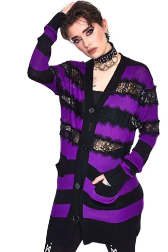 Jawbreaker Stripes Oversized Cardigan with Lace Frauen Cardigan schwarz/lila XXL von Jawbreaker