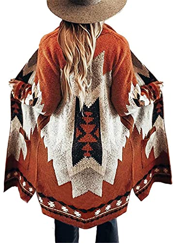 Jawint Damen Vintage Tribal Strick Cardigan Sweater Mantel Western Casual Open Front Outwear mit Tasche, Rot (Earth Red), XX-Large von Jawint