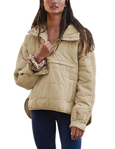 Jawmeu Damen Packbare gesteppte Pufferjacke übergroßer leichter Puffer Pullover Mantel Outwear Hoodies mit Taschen, Hellkhaki, XL von Jawmeu