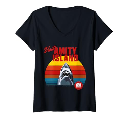 Damen Besuchen Sie Amity Island Jaws 2025 Retro Style T-Shirt mit V-Ausschnitt von Jaws 2025