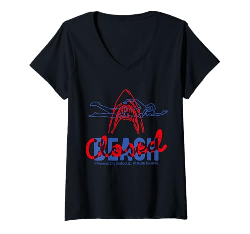 Damen Jaws 2025 Beach Closed Shark Attack-Thema T-Shirt mit V-Ausschnitt von Jaws 2025