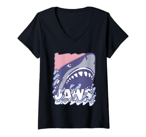Damen Jaws 2025 Ikonisches Shark Attack-Design T-Shirt mit V-Ausschnitt von Jaws 2025