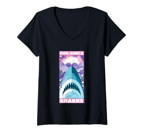 Damen Jaws 2025 Sun Surf Sharks Adventure T-Shirt mit V-Ausschnitt von Jaws 2025
