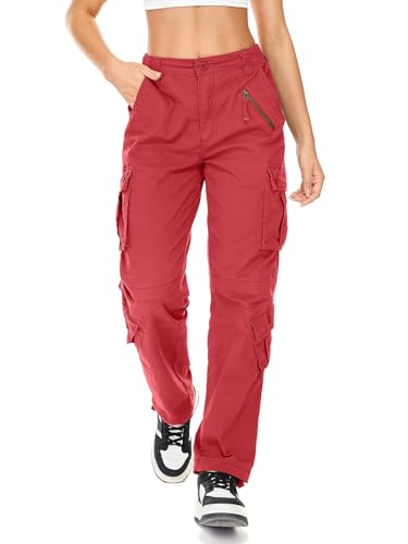 Cargohose für Damen, Armee-Arbeitshose mit 8 Taschen, lässige Baumwolle, Ripstop-Bauhose, Rot/Ausflug, einfarbig (Getaway Solids), 46 von Jawtut