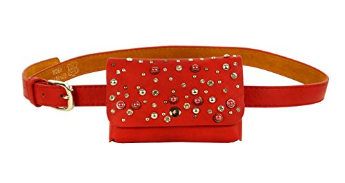 Damen Bauchtasche Mini Hüfttasche Gürteltasche Brusttasche mit Strass und Nieten Kunst Perlen Doggy Bag mi einem Fach und Gürtel Leder Rot von Jay-Fashionbox