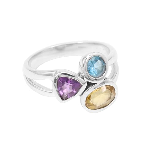 Jay Jools Amethyst-Blautopas-Citrin-Ring aus massivem 925er-Sterlingsilber, handgefertigter Ring mit 3 Steinen, US 6,5 von Jay Jools