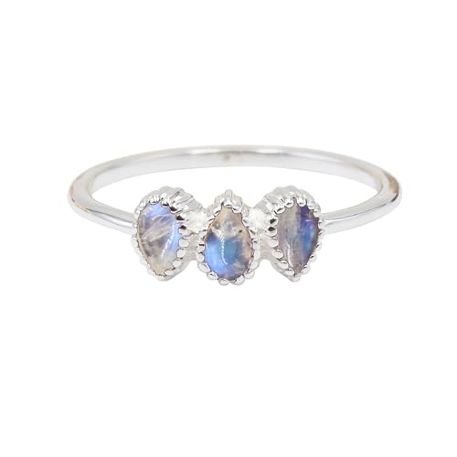 Jay Jools Regenbogen-Mondstein-Ring für Damen, 925er Sterlingsilber, 3-Stein-Ring, eleganter Geburtsstein-Schmuck (6,5) von Jay Jools