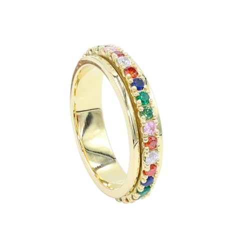 Jay Jools Sieben Chakra-Meditationsring aus 925er-Sterlingsilber mit 18 Karat Gelbgoldbeschichtung, 7 bunte Chakra-Regenbogenringe, stapelbarer Ewigkeitsbandring mit mehreren Edelsteinen, US 10 von Jay Jools