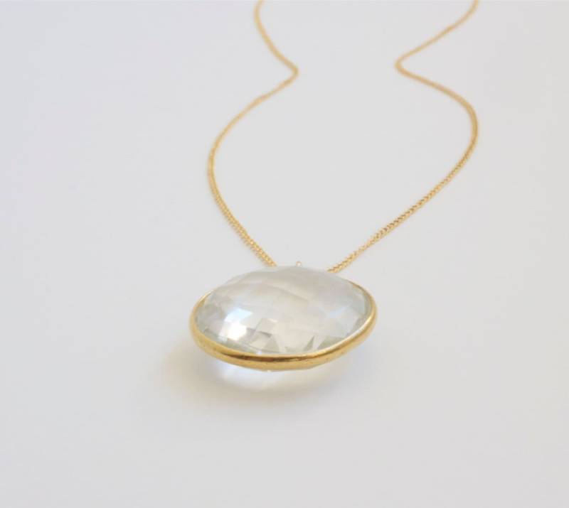Weisser Quarz Anhänger Halskette 18K Gold Vermeil Bezel, Zarte Kette Weisser Quarz Anhänger Halskette 18K Gold Vermeil Bezel, Zarte Kette von JayAndRenae