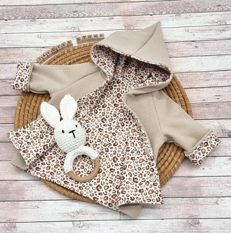 Wendejacke/Mantel Mit Zipfelkapuze, Waffelstrick, Jersey "Leopard Muster Beige-Weiß" Übergangsjacke, Wendejacke, Mädchen, Junge von JayDeesStore