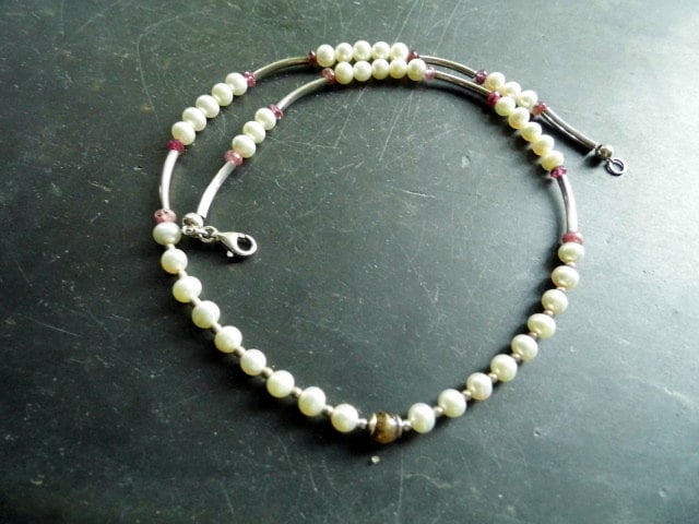 Halskette, Süsswasserperlen, Rosa Turmalin, Sterling Silber, Weiss, Wedding von JayasStarBazaar
