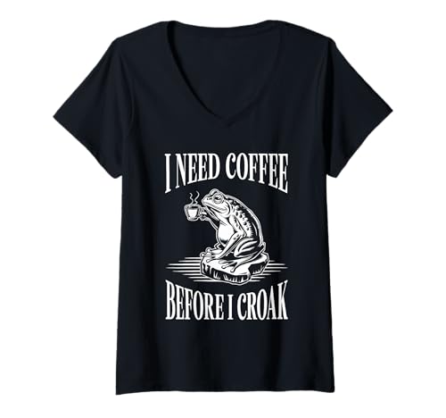Damen Kaffeetrinker I Need Coffee Before I Croak Frog T-Shirt mit V-Ausschnitt von Jaybeez Coffee Lover Tees