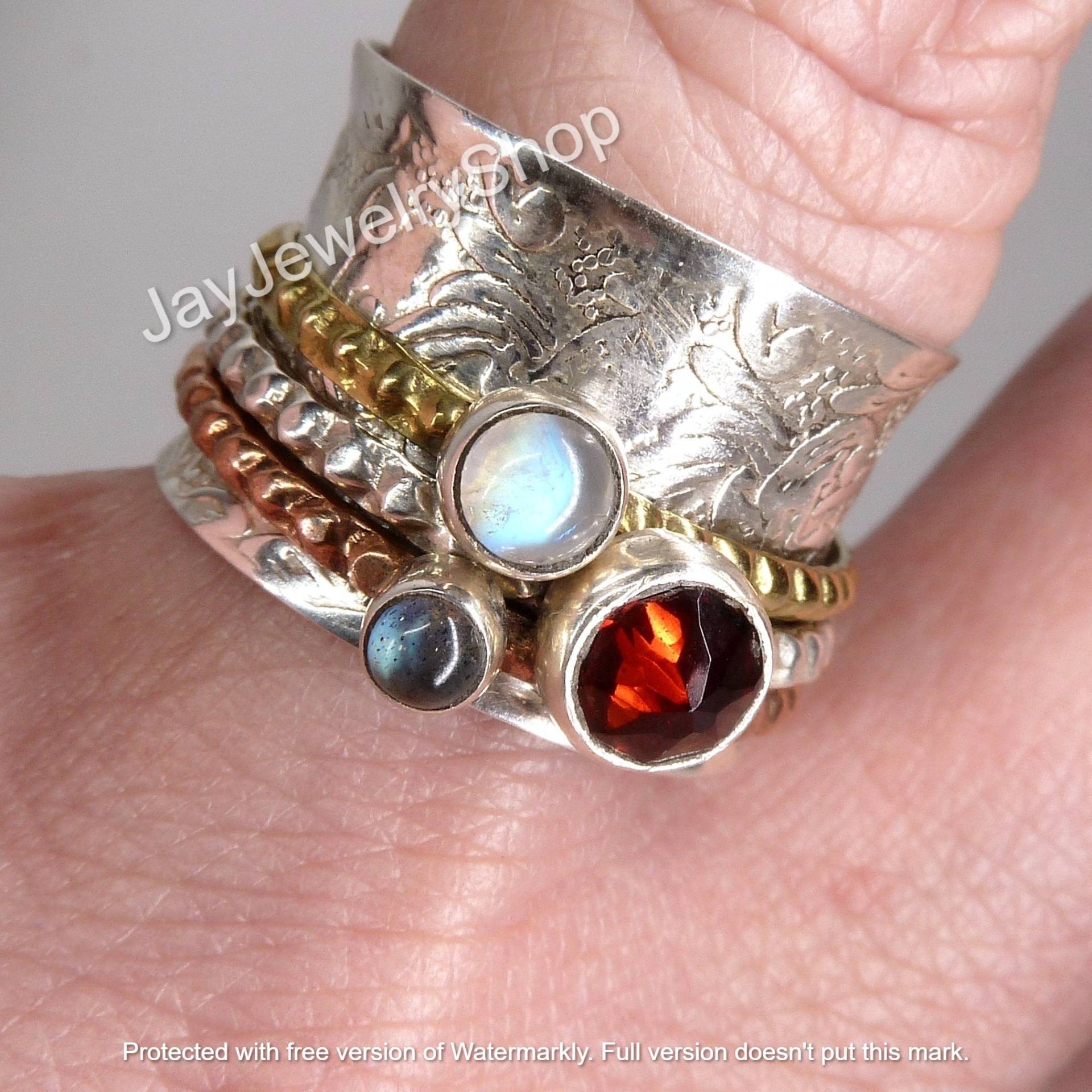 Granat Mondstein Labradorit Spinner Ring, Sterling Silber Frauen Spinnband, Meditation Geschenk Für Sie von JayjewelryShop