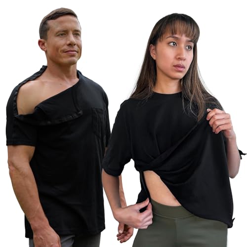 Schulter-Erholungsshirt nach Operationen mit vollständig offenem Druckknopf-Design für einfachen Zugriff, Unisex-Passform, perfekt für Dialyse und Chemo, Schwarz, M von Jayour