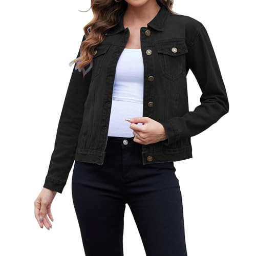 Jayscreate Jeansjacke Damen Kurz Denim Jacke Jeansjacke Lange Ärmel Umlegekragen Damen Oversize Sommer mit Taschen Jean Mantel Outwear，Schwarz，XL von JayscreateEU