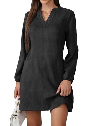 JayscreateEU Damen Herbst Kleid Mit Taschen Langarm V-Ausschnitt Herbstkleid Winterkleid Damen Knielang Tunika A Linien Shirtkleid Mit Taschen Langarm Autumn Dress,Schwarz,L von JayscreateEU