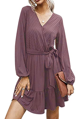 JayscreateEU Damen Kleid Herbst Winter Knielangen Strickkleid V-Ausschnitt Langarm High Waist Rüsche A-Linien Kleid mit Gürtel Freizeitkleid festliches Kleid Elegantes,Lila,S von JayscreateEU