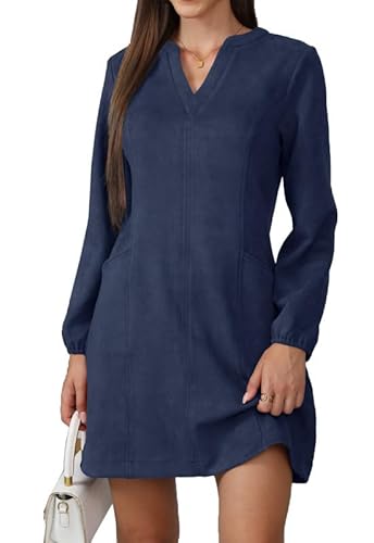 JayscreateEU Damen Kleid Mit Taschen Langarm V-Ausschnitt Herbstkleid Winterkleid Damen Knielang Tunika A Linien Shirtkleid Mit Taschen Langarm Autumn Dress,Blau,M von JayscreateEU