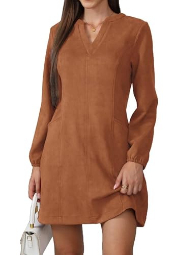 JayscreateEU Damen Kleid Mit Taschen Langarm V-Ausschnitt Herbstkleid Winterkleid Damen Knielang Tunika A Linien Shirtkleid Mit Taschen Langarm Autumn Dress,Braun,M von JayscreateEU