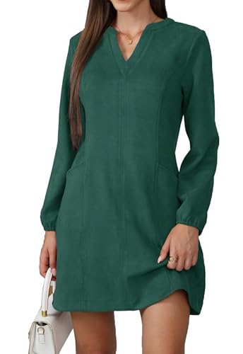 JayscreateEU Damen Kleid Mit Taschen Langarm V-Ausschnitt Herbstkleid Winterkleid Damen Knielang Tunika A Linien Shirtkleid Mit Taschen Langarm Autumn Dress,Grün,M von JayscreateEU
