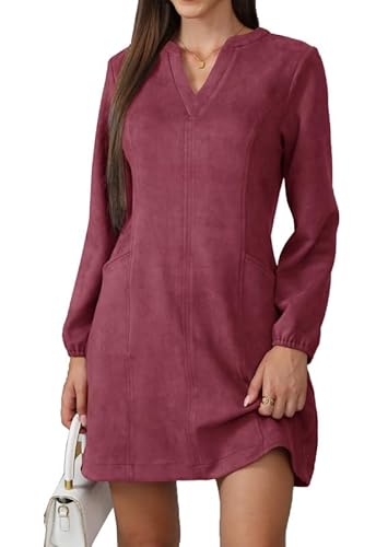 JayscreateEU Damen Kleid Mit Taschen Langarm V-Ausschnitt Herbstkleid Winterkleid Damen Knielang Tunika A Linien Shirtkleid Mit Taschen Langarm Autumn Dress,Rot,M von JayscreateEU
