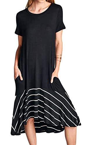 JayscreateEU Damen Kleid Sommerkleid Strandkleid Langes Kleid mit Tasche Rundhal Kleid Kurzarm Umstandskleid Freizeitkleid Minikleid T-Shirtkleid Frauen Kleider Dress Casual Loose Swing,Schwarz,S von JayscreateEU