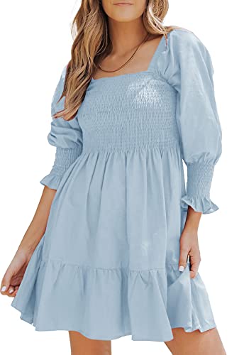 JayscreateEU Damen Kleid Sommerkleid Tunika Kleider Knielanges A-Linie Hohe Taille Elegant Kurze Kleider 3/4 Ärmel Bishop Square Neck Chiffonkleid Strandkleid BabydollKleid Off Shoulder,Blau,L von JayscreateEU